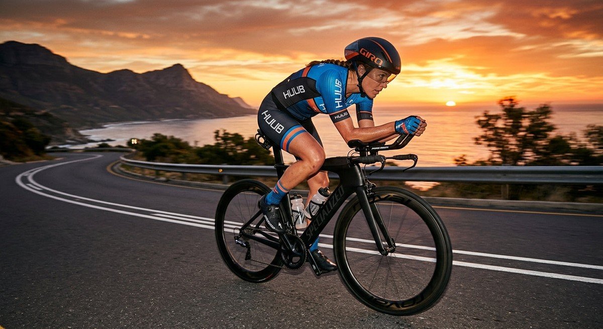 A professional triathlete in an aerodynamic position on a carbon road bike during a high-speed training session at sunset.