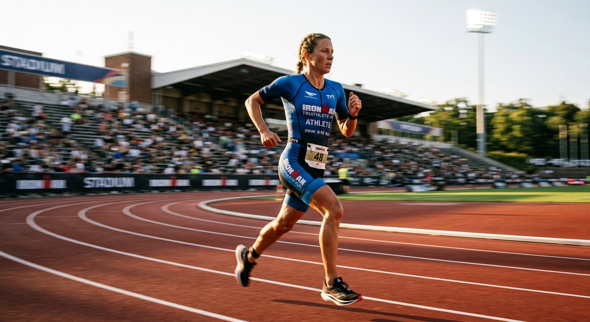 A professional triathlete running through a sun-drenched stadium with motion blur and sharp athletic detail
