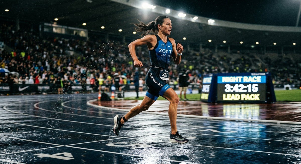 A female triathlete in a dynamic running stride on a wet track at night with cinematic stadium lighting and motion blur