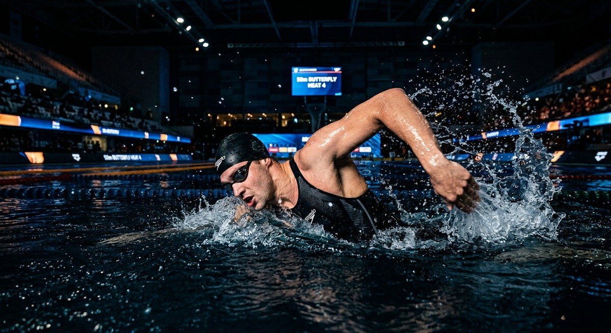 Professional swimmer performing a high-speed catch phase in a dimly lit, cinematic competition pool with water droplets frozen in mid-air.