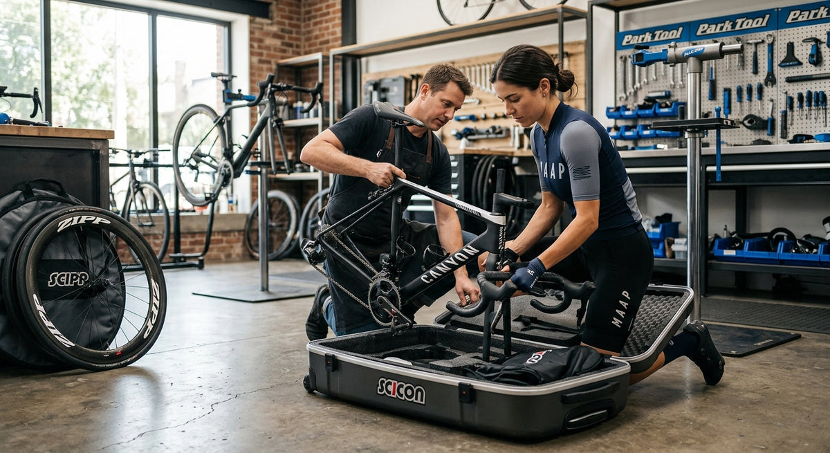 A professional road bike being carefully packed into a high-end hard-shell travel case in a bright, modern workshop