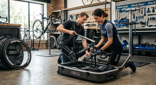 A professional road bike being carefully packed into a high-end hard-shell travel case in a bright, modern workshop