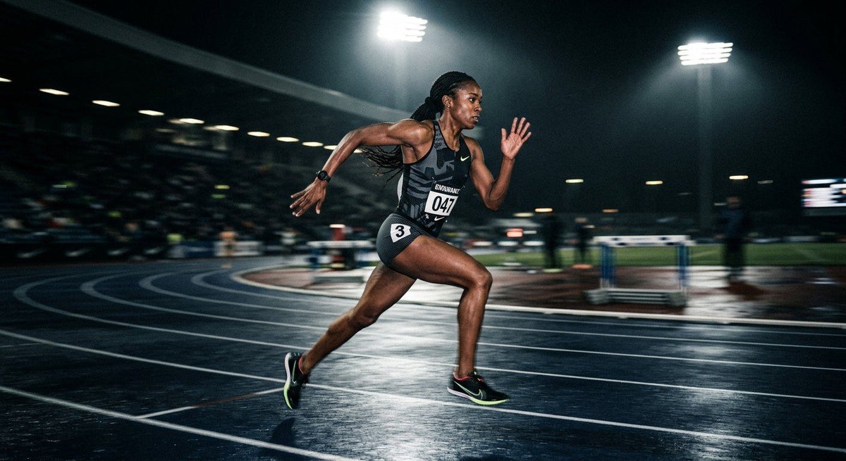 A professional endurance athlete performing a high-speed sprint on a dark, moody track with dramatic stadium lighting and motion blur.