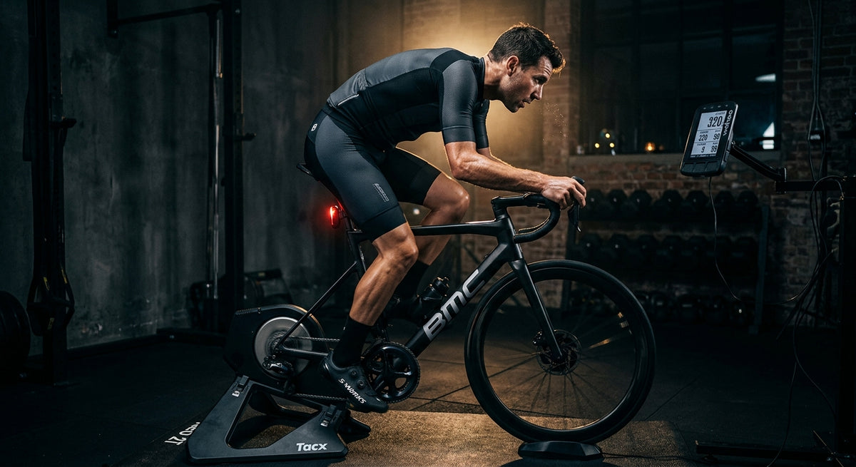 A cyclist training indoors with high-tech gear in a dark, moody gym setting with cinematic lighting.