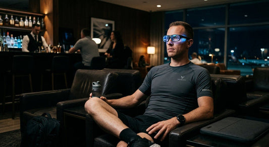 A professional endurance athlete wearing sleek, modern light therapy glasses while sitting in a dimly lit airport lounge, captured with cinematic moody lighting.