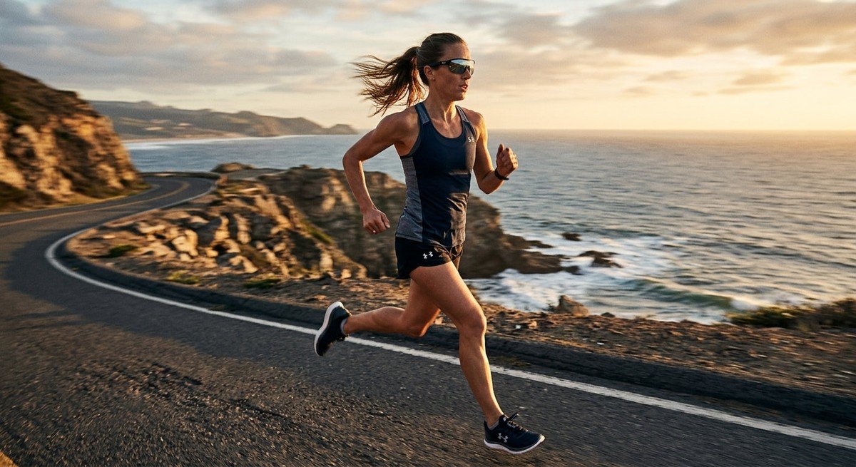 A professional action shot of a long-distance runner wearing sleek Under Armour Grid Pro Mirror sunglasses with motion blur.