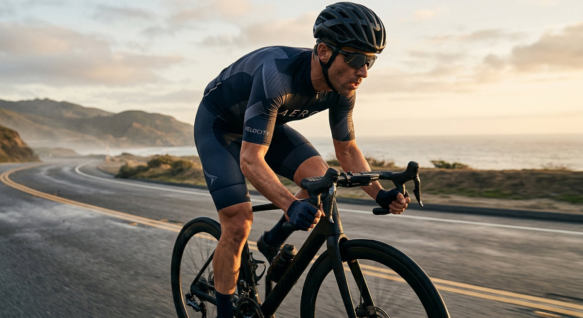 Professional cyclist training on a road bike with a sleek Wahoo Elemnt Bolt V3 mounted on the handlebars, cinematic lighting.