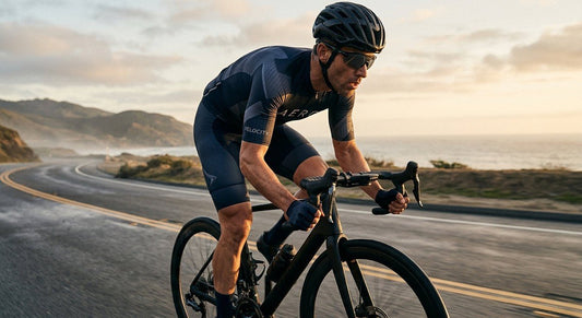Professional cyclist training on a road bike with a sleek Wahoo Elemnt Bolt V3 mounted on the handlebars, cinematic lighting.