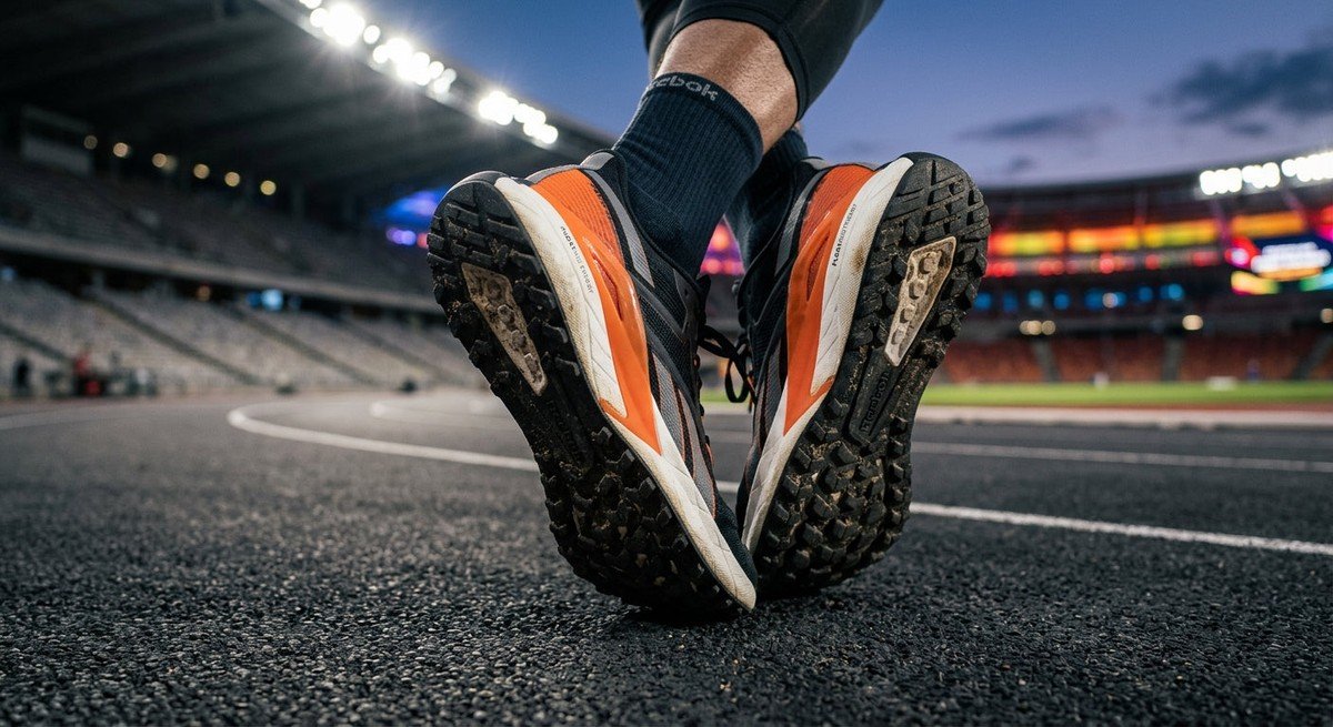 A close-up of the Reebok FloatZig Tread outsole showing aggressive lug geometry and durable rubber textures in a cinematic stadium setting.