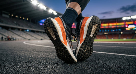 A close-up of the Reebok FloatZig Tread outsole showing aggressive lug geometry and durable rubber textures in a cinematic stadium setting.