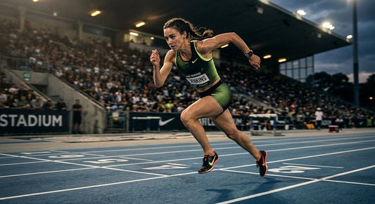 A professional runner sprinting with intense focus on a stadium track under dramatic cinematic lighting.