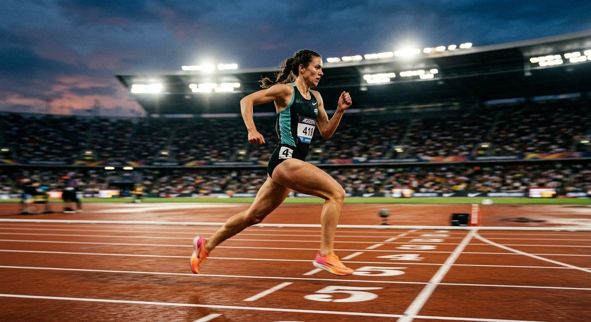 A professional runner sprinting on a track at dusk with dramatic stadium lighting and high-speed motion blur.