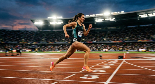 A professional runner sprinting on a track at dusk with dramatic stadium lighting and high-speed motion blur.