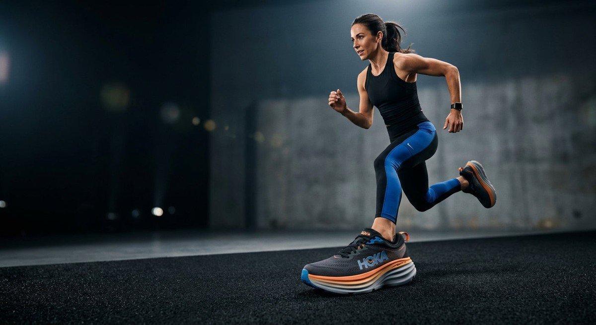 A sleek, professional studio shot of the Hoka Bondi 10 showcasing the advanced, high-stack midsole design and modern aesthetic.