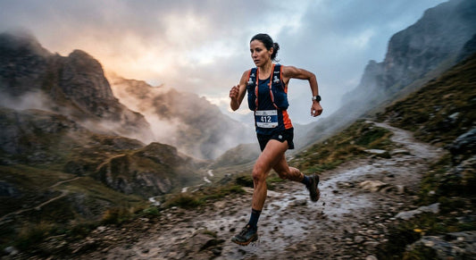 A professional ultra-runner sprinting through a misty mountain pass at dawn, captured with high-speed cinematic lighting and dramatic motion blur.