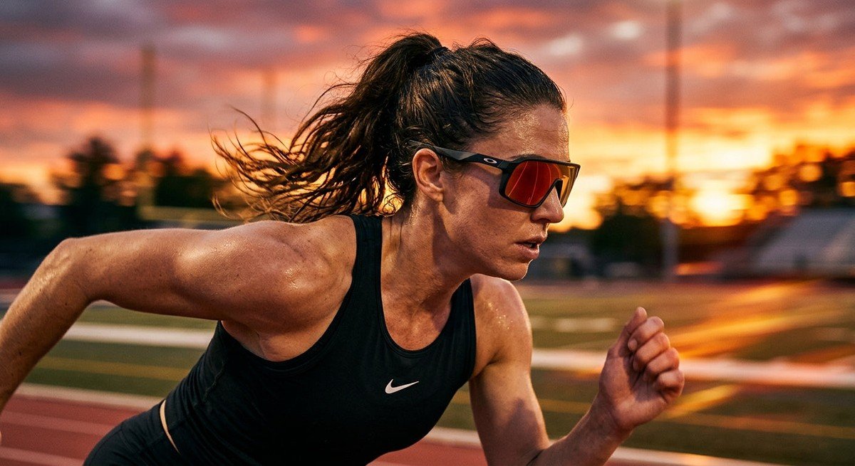 A close-up, high-speed action shot of a professional athlete wearing the Oakley Plantaris SQ sunglasses during a sunset sprint, displaying sharp details and cinematic motion blur.