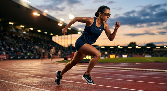 A professional athlete running on a track at dusk, wearing high-performance sunglasses with sharp focus on the frames.
