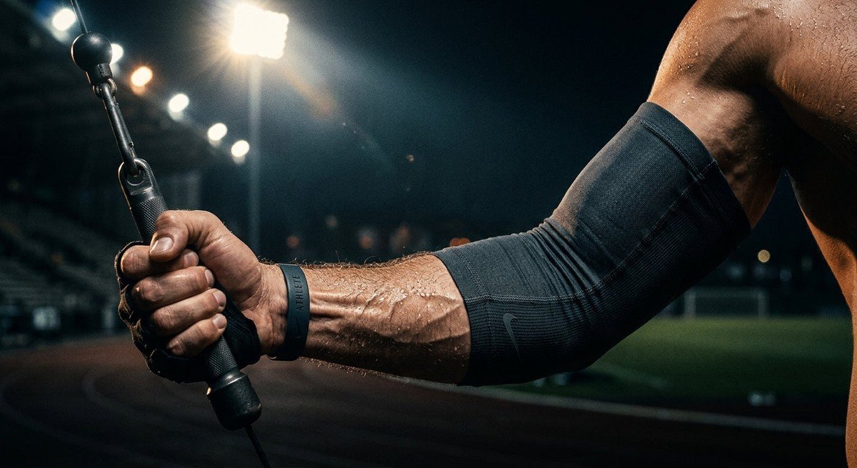 A close-up, moody shot of a professional athlete's muscular forearm with water droplets, illuminated by dramatic stadium floodlights.
