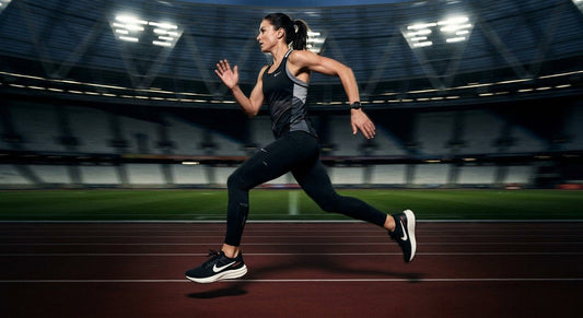 A side profile of the Nike Vomero 19 featuring a sleek, modern silhouette with dramatic stadium lighting and motion blur.