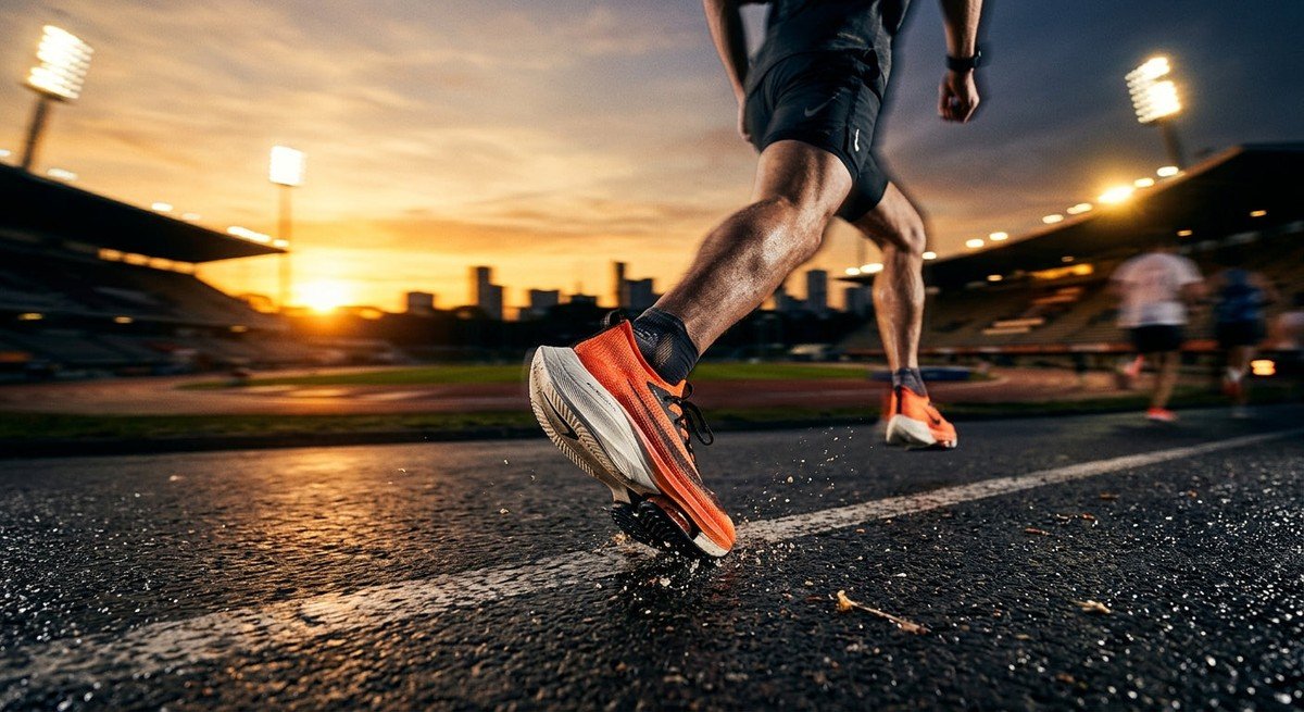 A close-up action shot of a runner's trainers hitting the pavement during a sunrise run with dramatic stadium lighting and motion blur