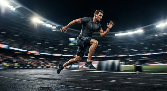 A muscular athlete in cinematic stadium lighting executing a powerful burpee broad jump in a high-speed motion-blurred environment.