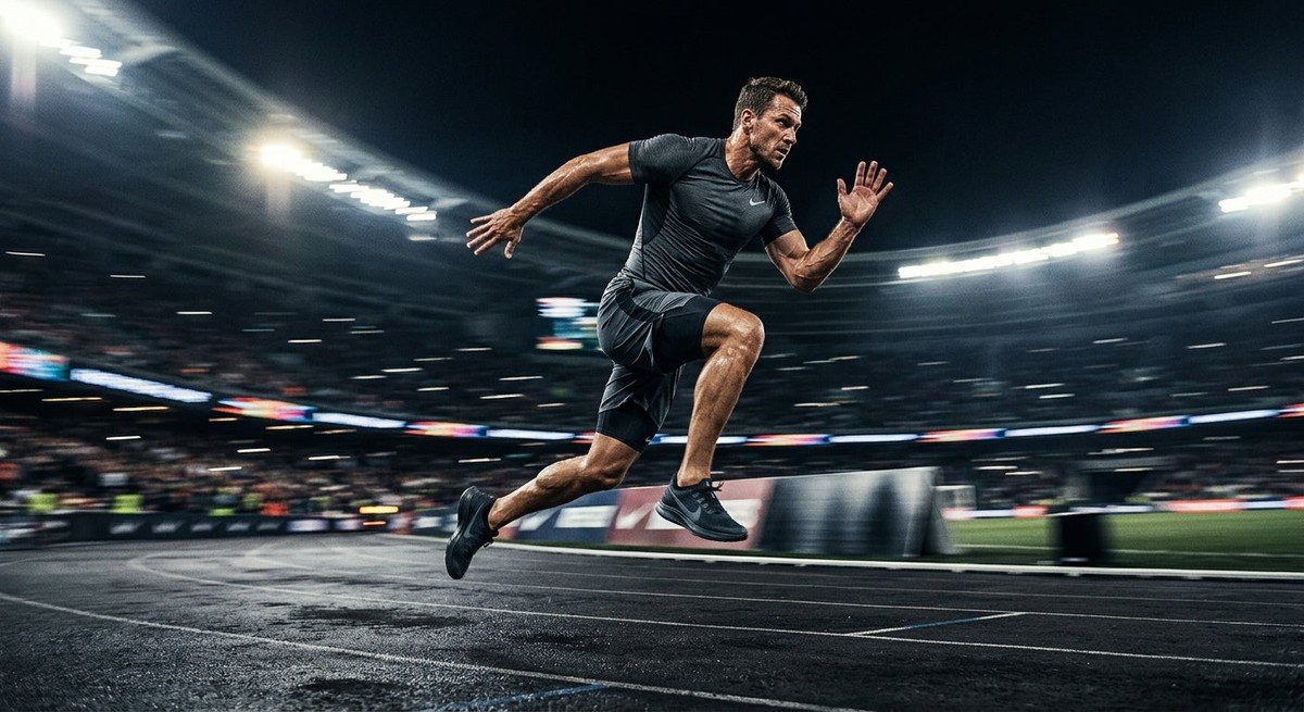 A muscular athlete in cinematic stadium lighting executing a powerful burpee broad jump in a high-speed motion-blurred environment.