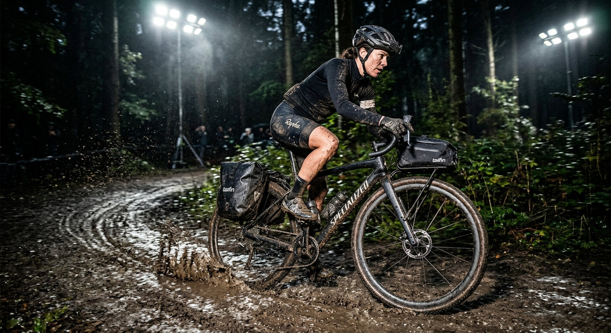 A high-speed action shot of a gravel bike equipped with a Tailfin Journey Alloy Rack racing through a muddy forest path with dramatic stadium-style lighting.
