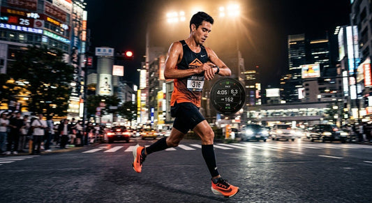 Professional high-speed athletic action photography of a runner checking a dual-frequency sports watch in a dense city with cinematic stadium lighting and running motion blur.
