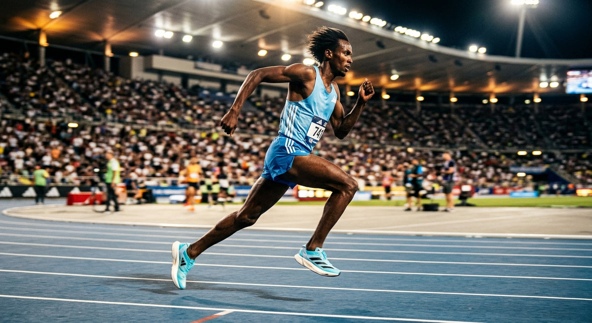 A professional high-speed action shot of a runner wearing the Adidas Adizero Adios Pro Evo 3 sprinting on a track, captured with cinematic motion blur and dramatic stadium lighting.