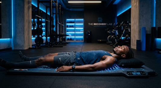 A professional runner lying on a sleek, high-tech PEMF recovery mat in a dimly lit, modern training facility with cinematic blue accent lighting.