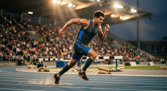 A professional hybrid athlete sprinting with intense focus during a high-speed functional fitness race under dramatic stadium lighting.