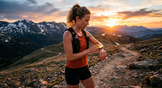 A professional athlete checking their high-resolution AMOLED smartwatch during a sunset trail run with cinematic lighting.