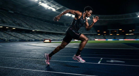 A professional high-speed action shot of the ASICS Gel-Kayano 12.1 VANDYTHEPINK in a dark, cinematic stadium with motion blur.