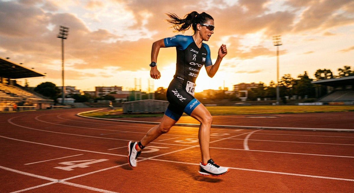 A professional triathlete sprinting on a track at sunset, wearing On Running Cloudsurfer 3 shoes with motion blur.