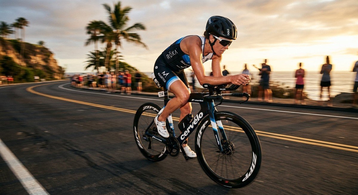Professional triathlete wearing ROKA San Remo AIR sunglasses during a high-speed cycling sprint with motion blur background.
