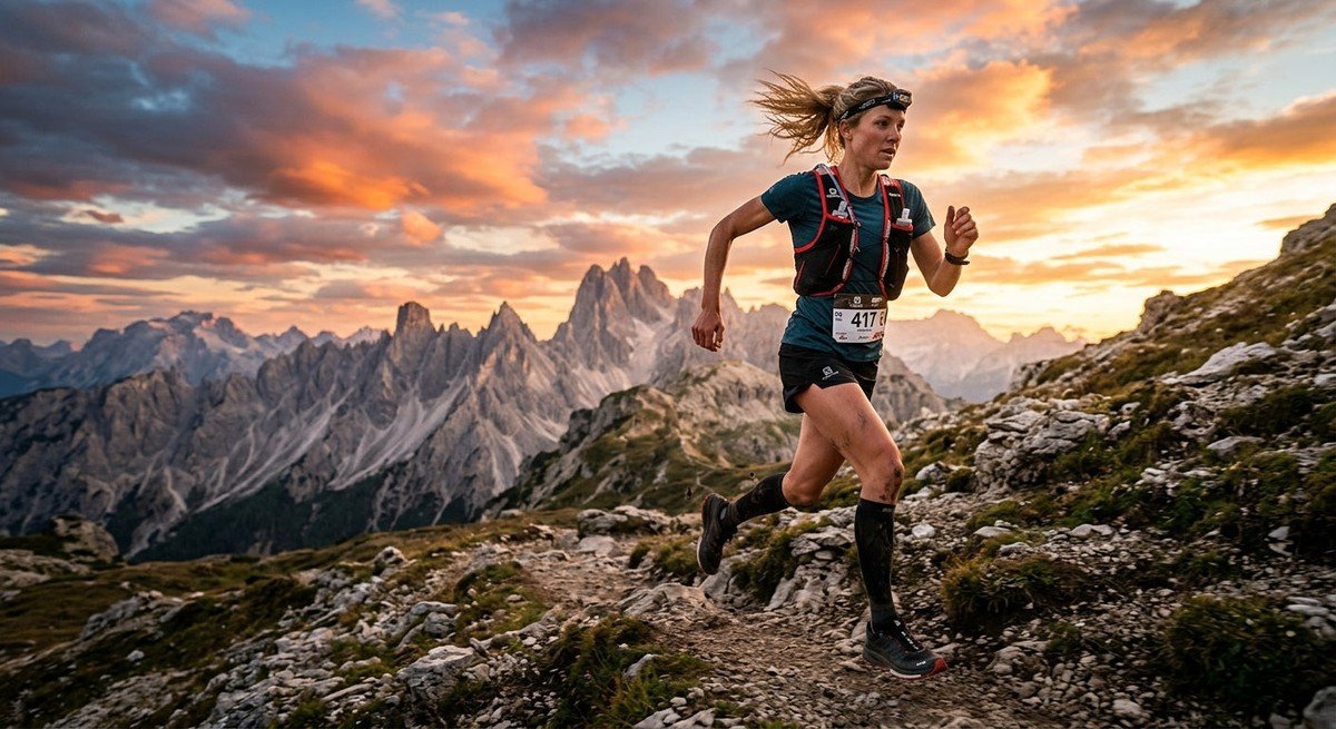 Professional trail runner captured in high-speed motion, wearing a hydration vest on a rugged mountain path under dramatic sunset lighting.