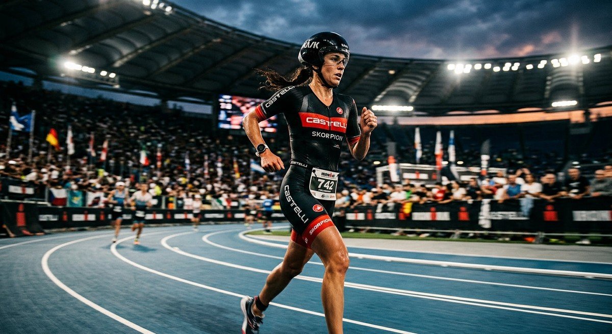 A professional triathlete in a sleek Castelli suit racing through a blurred stadium, high-contrast cinematic lighting.