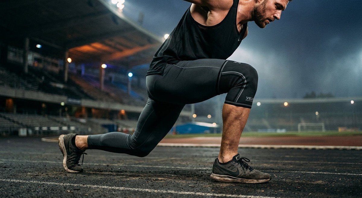 A close-up shot of an athlete wearing high-performance knee sleeves while performing a deep lunge in a moody, cinematic stadium setting.