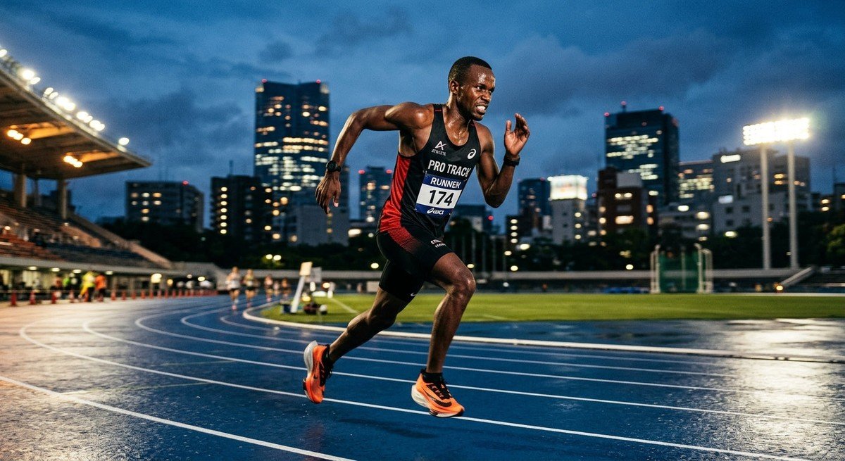 A professional marathon runner sprinting with intense focus on a city track at twilight with dramatic stadium lighting.