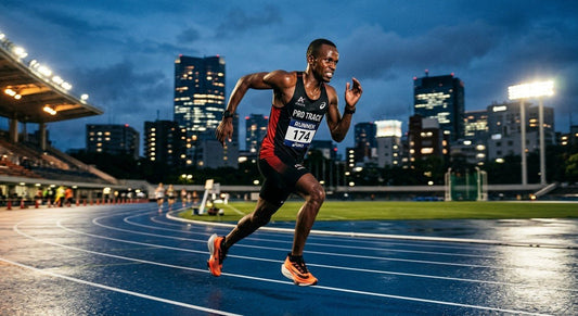 A professional marathon runner sprinting with intense focus on a city track at twilight with dramatic stadium lighting.