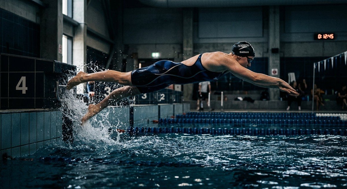 High-speed photography of a swimmer pushing off the wall in a cinematic, moody indoor pool environment.