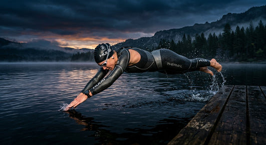 A professional swimmer wearing a thick neoprene wetsuit and thermal cap diving into a dark, moody open water lake at dawn.