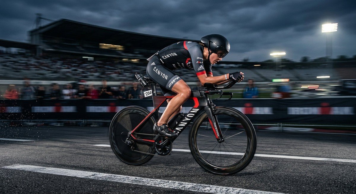 A professional triathlete in a low-crouch aerodynamic position on a carbon-fibre time trial bike, captured with high-speed motion blur against a moody stadium backdrop.