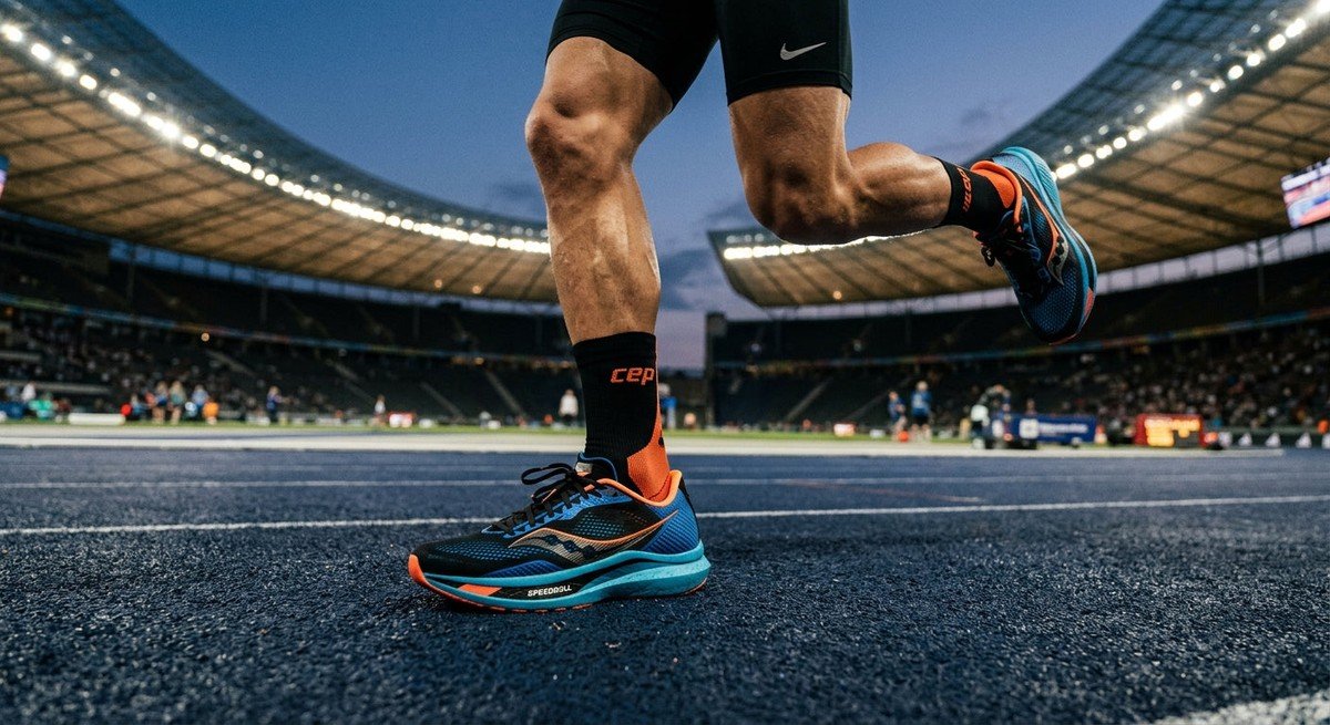 A close-up of a runner's feet in motion, showing high-performance running socks and professional athletic trainers in a dramatic stadium environment.