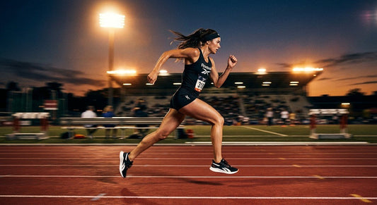 A professional action shot of a runner wearing high-performance Reebok sneakers on a track at dusk, with motion blur and dramatic stadium lighting.