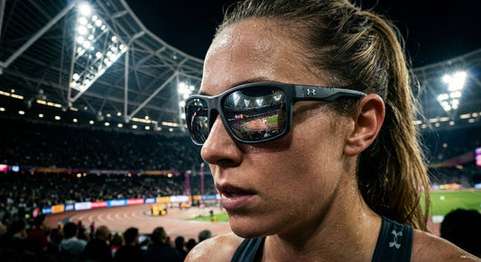 A close-up shot of the Under Armour Instinct 2 Polarized sunglasses reflecting a dramatic stadium lighting setup with sharp focus on the lens texture.