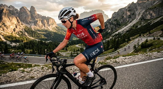 Professional cyclist reaching into a jersey pocket to grab a foil-wrapped rice cake during a high-speed mountain climb.