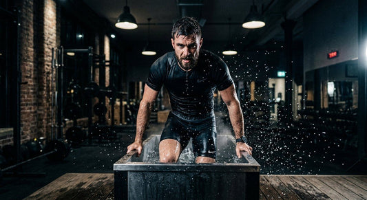 A professional athlete emerging from a cold plunge tub in a moody, cinematic gym setting with dramatic lighting and water droplets captured in high-speed detail.