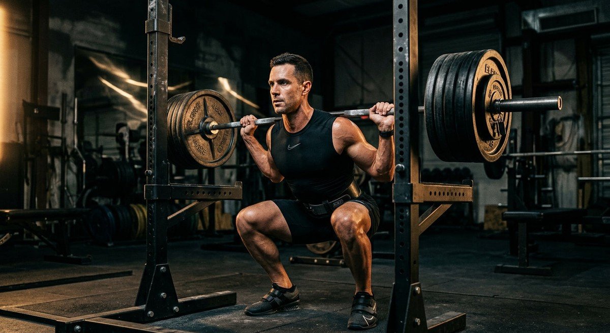 A professional triathlete performing a heavy barbell squat in a dimly lit, high-contrast gym with dramatic cinematic lighting.