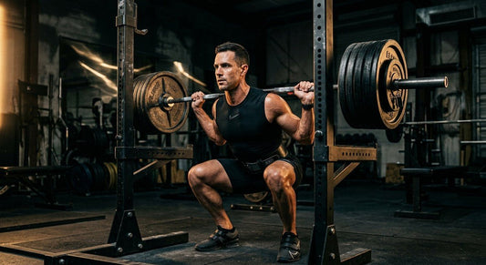 A professional triathlete performing a heavy barbell squat in a dimly lit, high-contrast gym with dramatic cinematic lighting.